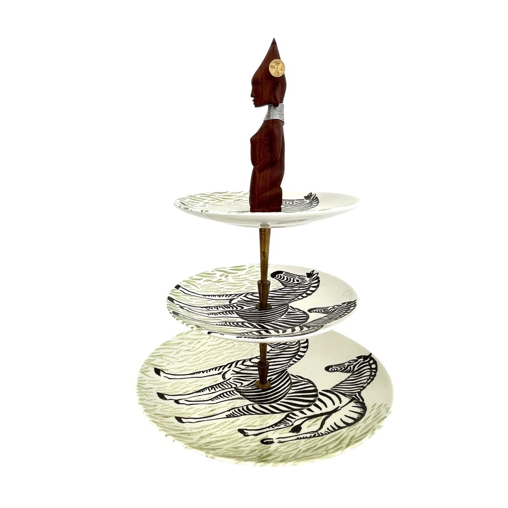 Vintage MCM Royal China Africana 3-Tier Zebra Serving Tray Wooden Bust Finial